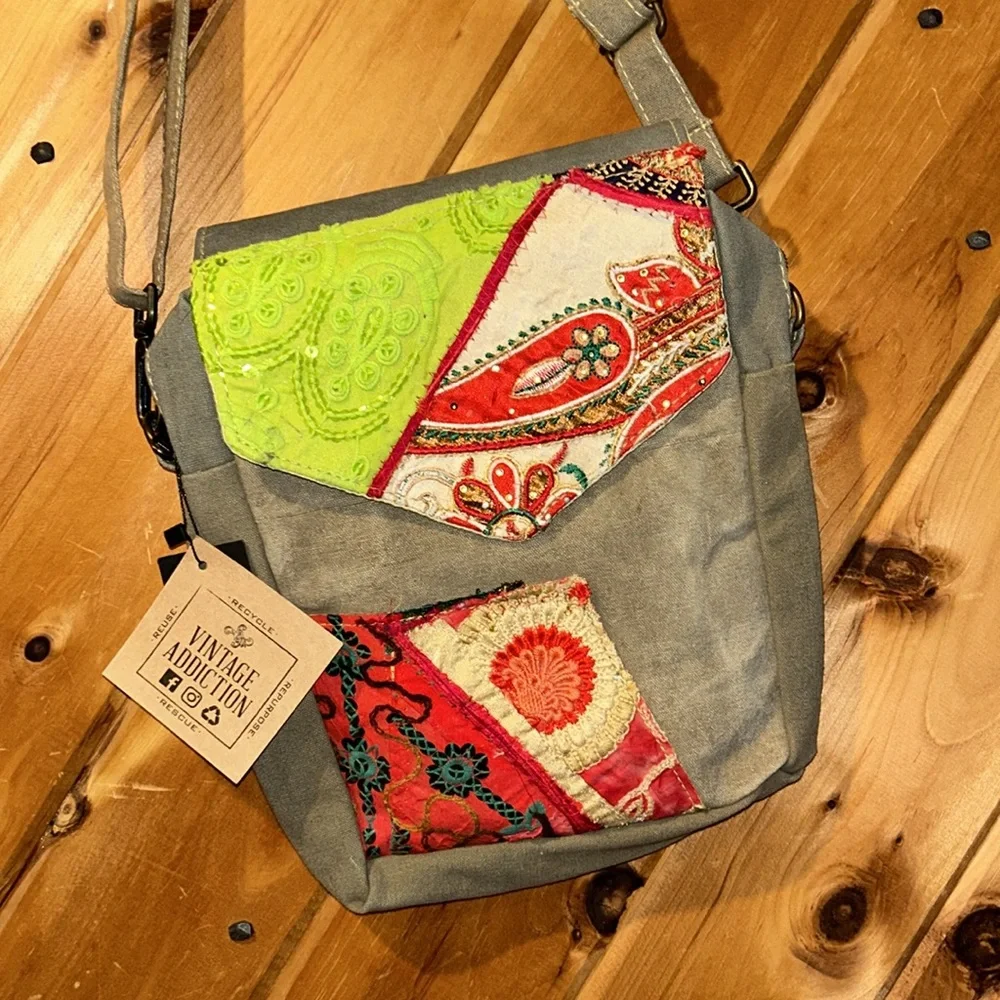 NWT Vintage Addiction recycled military tent with vintage fabric crossbody bag
